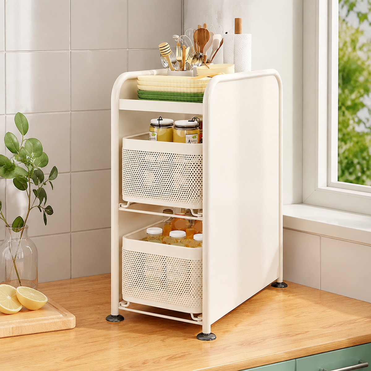 3 Tier Kitchen Countertop Organiser, Pull-Out Spice Rack, Knife & Chopstick Holder, Carbon Steel Storage, 16cm x 40cm x 49cm