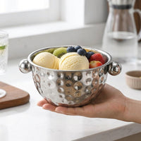 Hammered Stainless Steel Bowl with Handles, Flat Bottom Mixing Bowl for Home Kitchen, Large Salad Bowl and Washing Bowl for Prep and Serving Adults