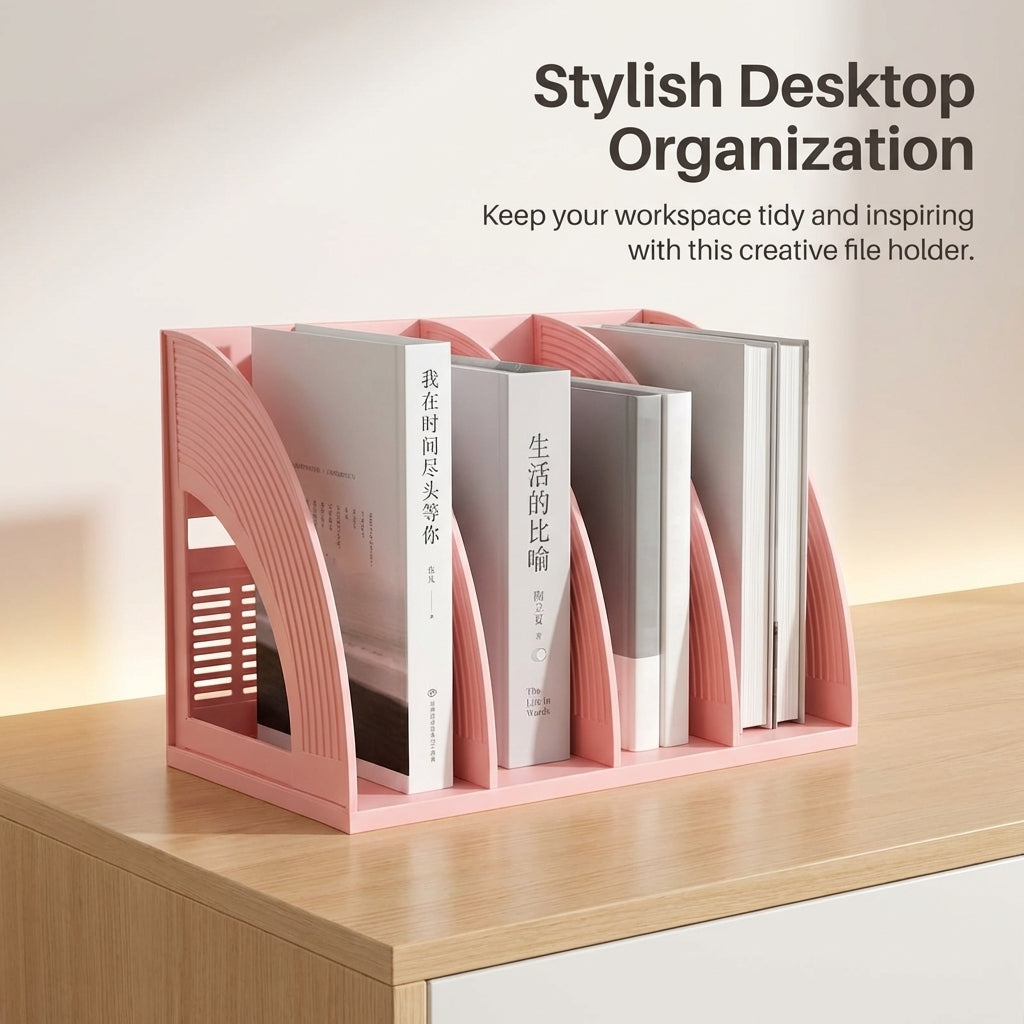 4 Tier Desktop Book Stand for Students, Fan Shaped Vertical File Organizer for Desk, Study Table Accessories for A4 Documents
