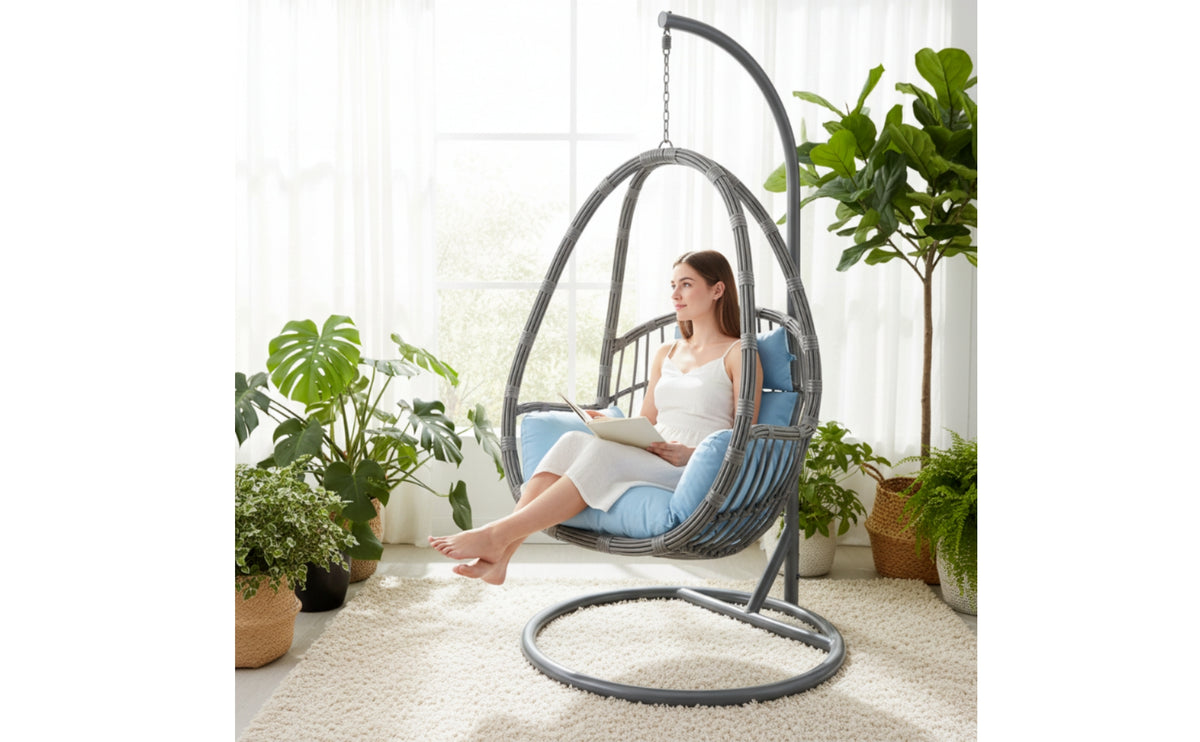 Hanging Basket Chair with Stand Cushioned Hanging Chair with Stand Indoor Outdoor Furniture for Adults, Balcony, Living Room, Reading Corner