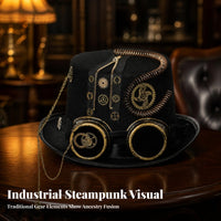 Coiled Tube Detail Steampunk Top Hat Chain Accent Lens Top Hat Zipper Trim Costume Headwear Black