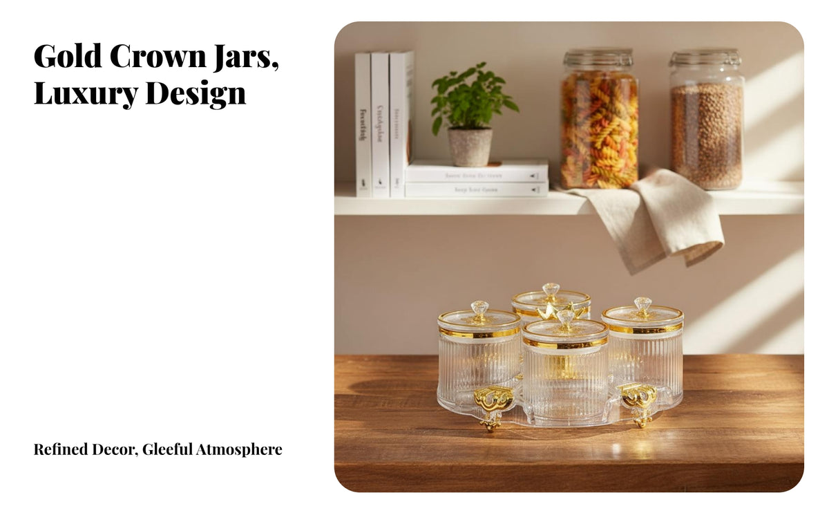 6 Pieces Food Storage Jars with Tray Transparent Body Decorative Snack Container Set Luxury Design Candy Dish Set for Kitchen Counter, Parties
