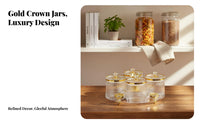 6 Pieces Food Storage Jars with Tray Transparent Body Decorative Snack Container Set Luxury Design Candy Dish Set for Kitchen Counter, Parties