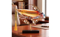 Feng Shui Arowana Creature Ornament Auspicious Arowana Sculpture with Tassel Fortunate Creature Statue with Base Golden for Business Owners