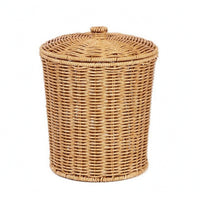 Fitted Lid Lidded Storage Basket Cylindrical Round Rattan Basket Natural Tan Home Organizer Loop Knob