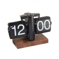 Flip Clock with Wood Base Matte Black Tabletop Timepiece Vintage for Minimalists