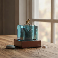Crystal Cube Light Marine-Themed Resin Night Light with Wood Base Ambient