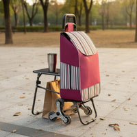 Ergonomic Handle Stair Climbing Trolley with Chair Large Capacity Rolling Grocery Trolley with Folding Seat for Elderly, Market