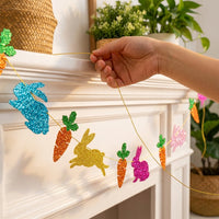 Easter Bunny & Carrot Garland, Happy Easter Garland Glittery Glitter Easter Bunny Banner Easy to Hang Bunny and Egg Banner for Families, Teachers, Home, Mantelpiece, Classroom