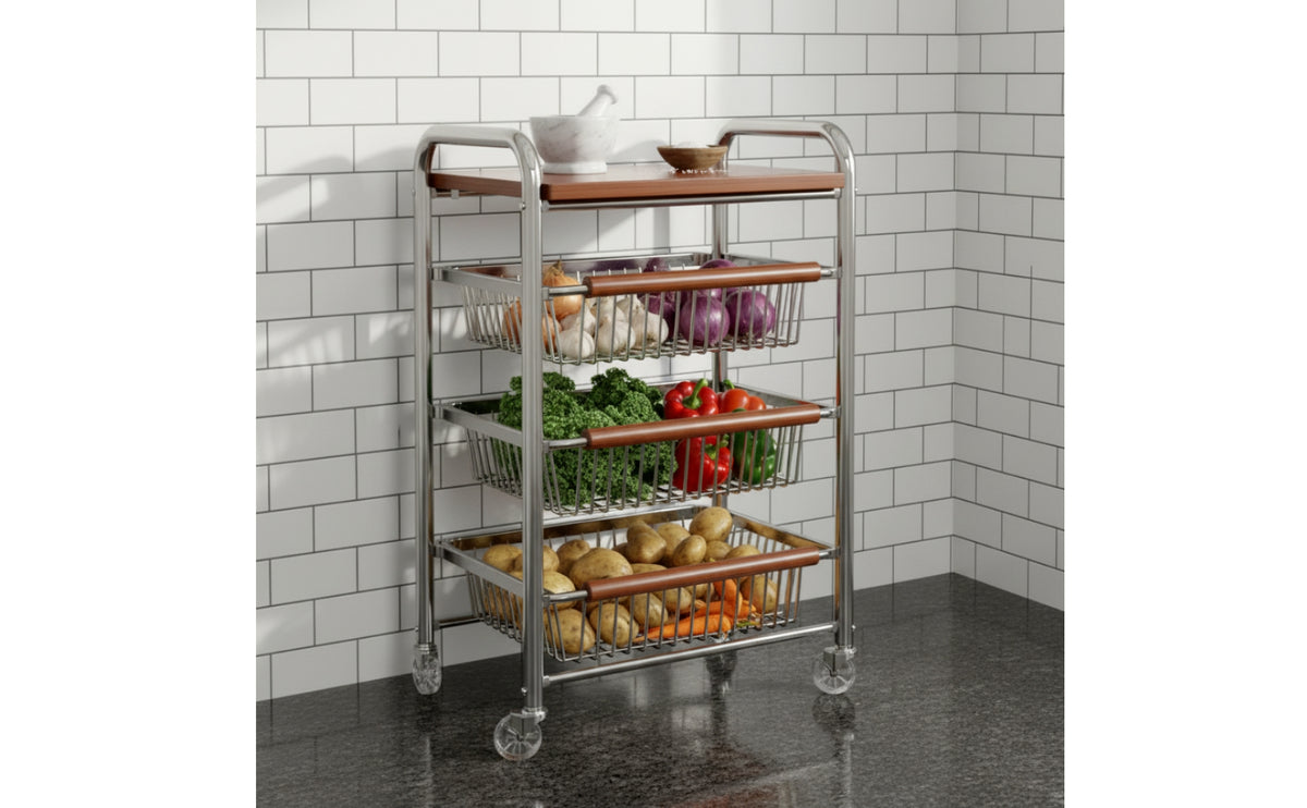 Mobile 4-Tier Storage Cart with Wooden Top Multi-Purpose Slim Rolling Cart with Handle Sturdy Rolling Organizer with Wire Baskets Smooth for Kitchen