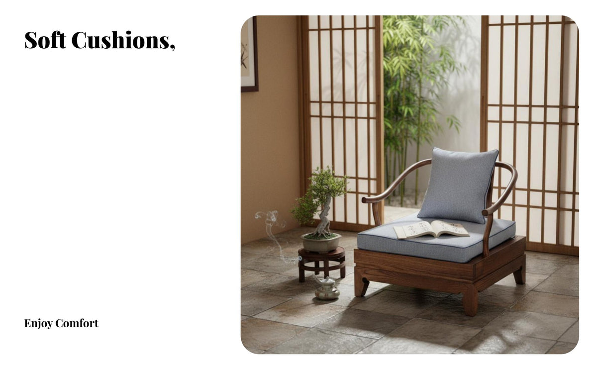 Cushioned Wooden Couch Set New Chinese Style Multi-Piece Seating Group Zen-Inspired Design Living Room Furniture for Homeowners, Small Spaces, Office
