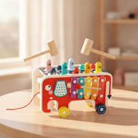 Natural Wood Pounding Bench with Xylophone Multicolor Elephant Activity Center Interactive Wooden Elephant Toy Colorful for Toddlers, Kids, Babies, Playroom, Nursery, Daycare