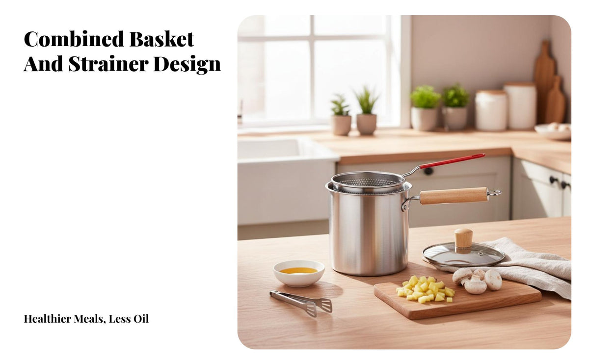 Stainless Steel Fryer with Drainer Rack Fine Mesh Strainer Stainless Steel Battered Fryer Easy to Clean Small French Fry Pot for Home Cooks