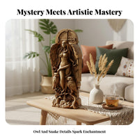 Resin Altar Idol Intricate Details Deity with Owls Statue Wood-Like Finish Winged Deity Plaque for Pagans, Witches, Garden, Meditation Space