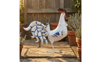 Floral Print Iron Cock Blue Accents Cock Garden Statue Decorative Chicken Yard Ornament Large for Courtyard