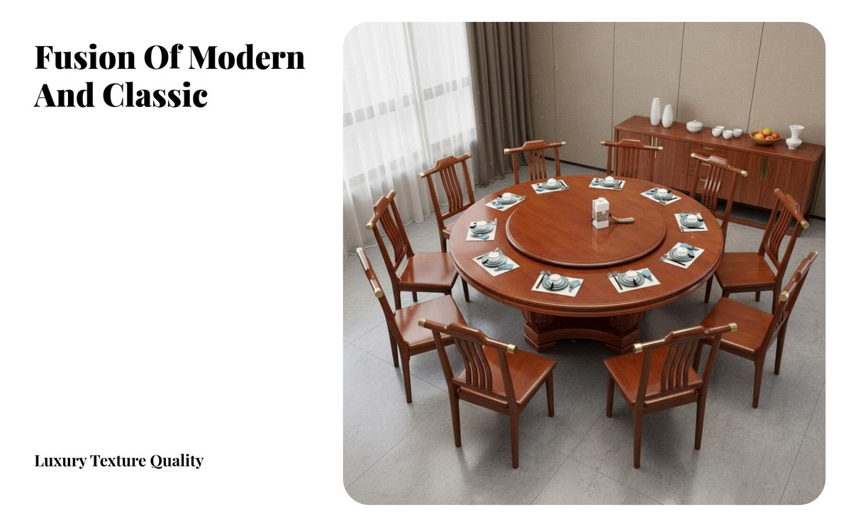 Round Solid Wood Dining Set Easy to Clean Dining Table with Rotating Tray Scratch Resistant Kitchen Table and Chairs Set for Families
