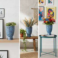 Planter with Face Detailing Indoor Facial Sculpture Planter Weathered Cylindrical Vase for Patio, Balcony