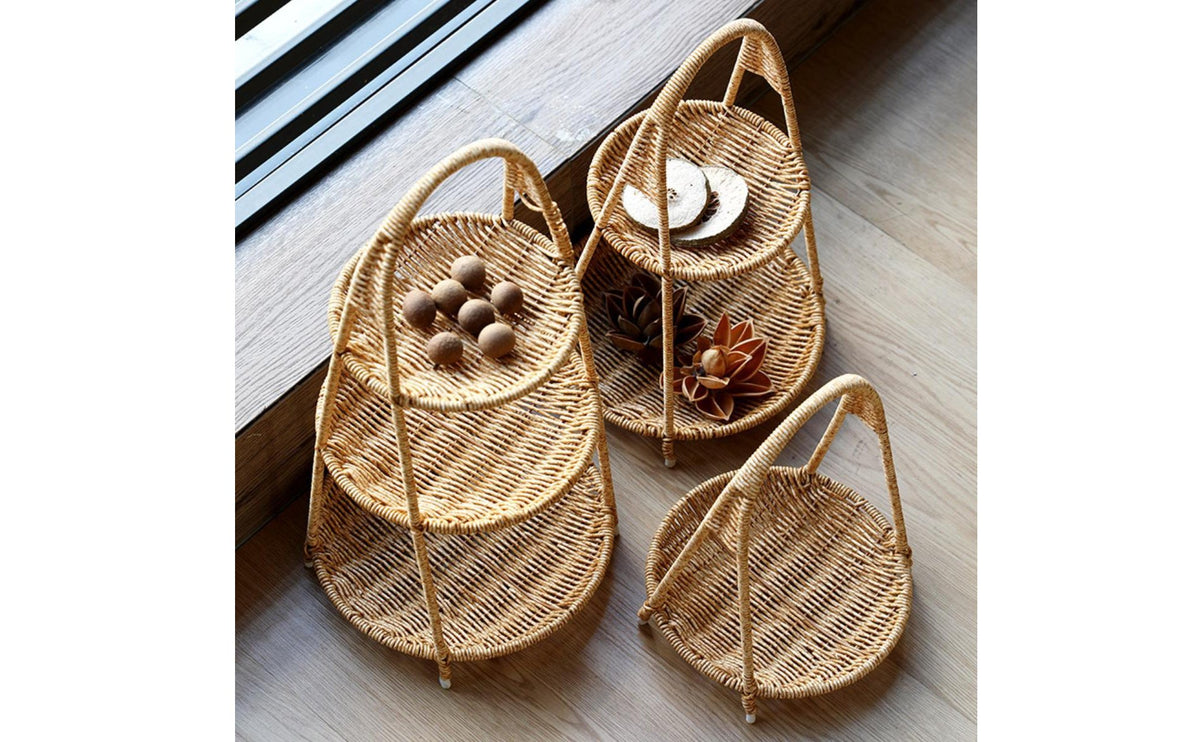 Imitation Bamboo Weave Rattan Design Tea Basket Double Layer Two-Tier Woven Basket Handwoven Look Home Storage Photo Prop for Dessert Display
