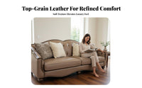 Ornate Wooden Sofa Genuine Leather Upholstery Living Room Furniture Hand-Carved embellishments Couch for Interior Designers, pairs, Villa, Study, Apartment