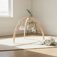 Padded Wooden Play Gym with Mat Triangular Infant Play Gym with Hanging Toys Freestanding Natural for Babies, Infants, Newborns, Tummy Time, Nursery, Playroom