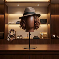 Hairpiece Display Mannequin Metal Base Hat Display Mannequin Wood-Grain Finish