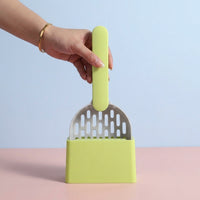 Litter Scooper with Holder Base, Grid Sieve Cleaning Tool and Dustpan for Cat Litter, Sand Sifter for Cat Waste Remover, 26.6*12.7*5.4 cm Size