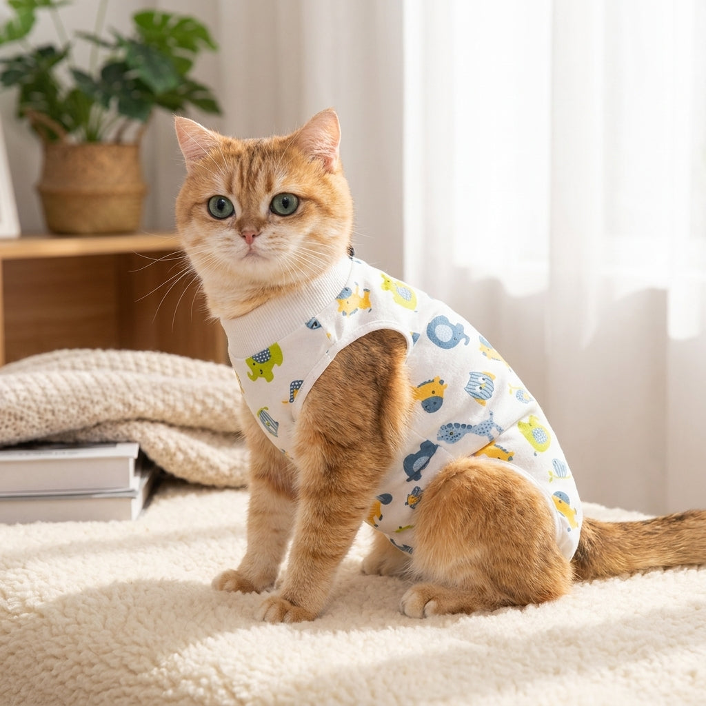 Cat Recovery Suit with Assorted Cartoon Patterns, Sleeveless Post-Surgery Cat Apparel, Cat Spay and Neuter Recovery Suit