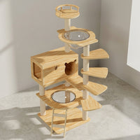 Cat House with Scratching Posts and Feeding Bowls, Solid Wood Pillar Activity Centre, Oak Board Cat Bed and Perch for Large Indoor Cats 5-Tier