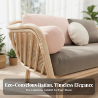Rattan Sofa Minimalist Design Wicker Couch with Cushion Aesthetic Woven Cane Loveseat for Apartment Dwellers, Couples, Balcony, Sunroom, Patio