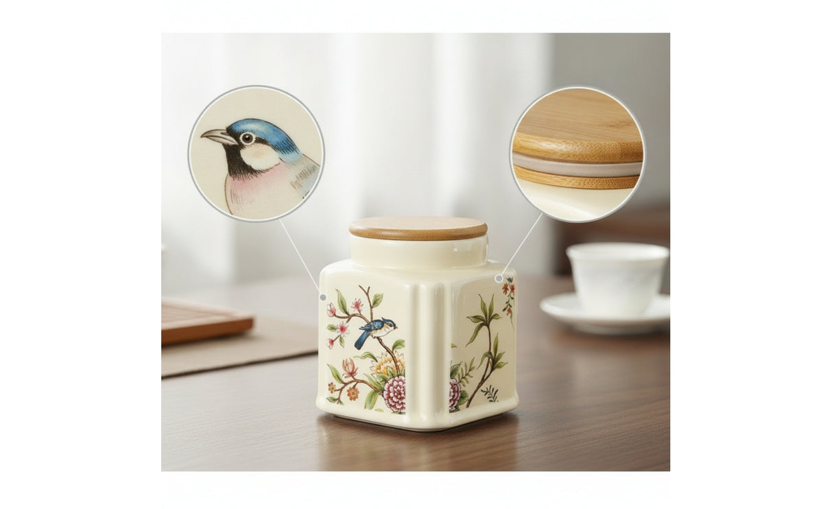 Decorative Ceramic Storage Jar with Bamboo Lid Glazed Ceramic Canister with Bamboo Lid Square for Kitchen Counter