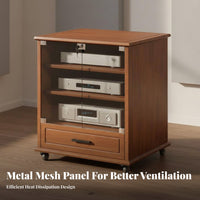 Heat Dissipation Design Wooden Amplifier Cabinet Heavy-Duty Construction Stereo Cabinet with Wheels Adjustable Shelves Solid Wood Media Stand for Audiophiles, Studio, Conference Room