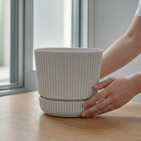 Modern Planter and Plant Pots Set of 2, Ribbed Square Flower Pots with Drainage Holes, Indoor Plant Pot with Tray for House Plants and Flowers