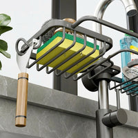 Kitchen Sink Organizer Faucet Shelf with Two Sponge Holders and Dishwashing Rack, Lightweight aluminum Over Faucet Sink Tidy with Towel Bar Clamp