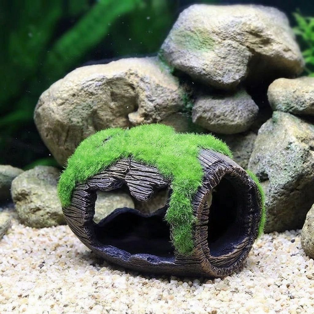 Mossy Barrel Aquarium Ornaments and Aquarium Cave, Resin Hollow Hiding Shelter for Small Fish, Textured Aquarium Decoration, 1 Piece