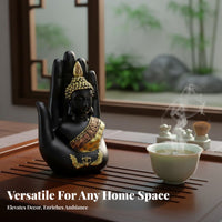 New Chinese Design Palm Buddha Ornament Gold Accents Hand Holding Buddha Sculpture Spiritual Decor for Meditation Enthusiasts, Desktop