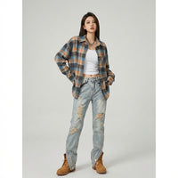 Long Sleeve Plaid Shirt Versatile Retro Plaid Blouse Comfortable Loose Fit Checkered Shirt for Young Adults, Students, Commuting, Daily Wear, Travel