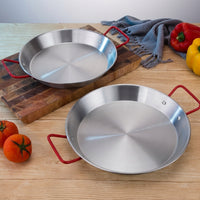 Frying Pan and Salad Bowl for Fried Chicken, 34cm Stainless Steel Pan with Red Handles, No Coating Steel Pan for Paella, 4cm Depth Pasta Pan