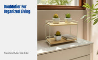 Japanese Style Sturdy Wood Double-Tier Storage Rack, Iron Desktop Organizer, Minimalist Shelf for Office & Living Room