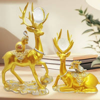 2 Pieces Golden Couple Deer Statues Pair Standing and Sitting Deer Figurines Light Luxury Desktop Sculptures for Entryway, Bookshelf