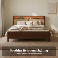 Solid Wood Rattan Bed Retro Design Artisanal Patina Look Wooden Bed No Box Spring Needed for Homeowners, Families, Guesthouse, Guest Room