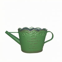 Scalloped Rim Watering Can Planter Side Handle Metal Flower Planter Long Spout Distressed Gold Watering Can Printed Lettering