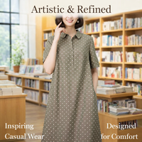 Summer Dress for Women with Collar and Three Quarter Sleeves, Midi Shirt in Blended Fabric, Flattering Fit for Wedding Guest or Casual Wear