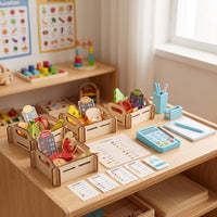 Grocery Store Toy Set Solid Wood Imitation Groceries Set with Crates Educational Pretend Supermarket for Preschoolers, Young Children, Playroom