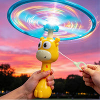 Plastic Giraffe Flying Toy Yellow Pull Cord Flyer Cartoon Eyes Rotating Disc Launcher Rotating Center for Children
