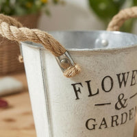 Hand-Painted Metal Bucket Planter Distressed Finish Bucket Flower Pot Printed Lettering Rope Handle Planter Tapered Shape