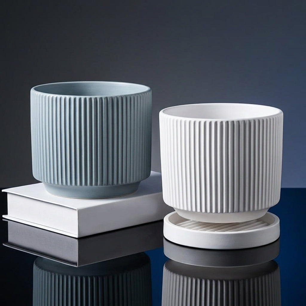 Plant Pots for House Plants and Indoor Plants, Modern Ribbed Ceramic Pot with Saucer, Minimalist Indoor Plant Pot with Drainage Hole, Bonsai Pot