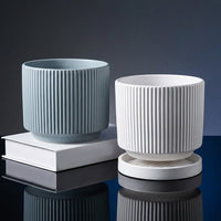 Plant Pots for House Plants and Indoor Plants, Modern Ribbed Ceramic Pot with Saucer, Minimalist Indoor Plant Pot with Drainage Hole, Bonsai Pot