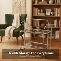Easy Mobility Folding Fluted Glass Trolley Multi-Purpose 2-Tier Rolling Cart Modern Design Wheeled Side Table Vintage Aesthetic for Home Entertainers, Apartment Dwellers, Living Room, Kitchen, Bedroom, Balcony