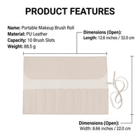 Professional Makeup Brush Organizer for Women, Foldable Leather Cosmetic Bag with 10 Pockets, Lightweight Travel Storage Pouch