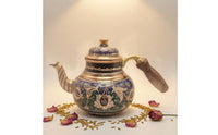 Handmade Copper Turkish Teapot Floral Scroll Design Decorative Copper Tea Pot Metallic-Finish Trim Turkish Style Teapot Wood-Textured Grip